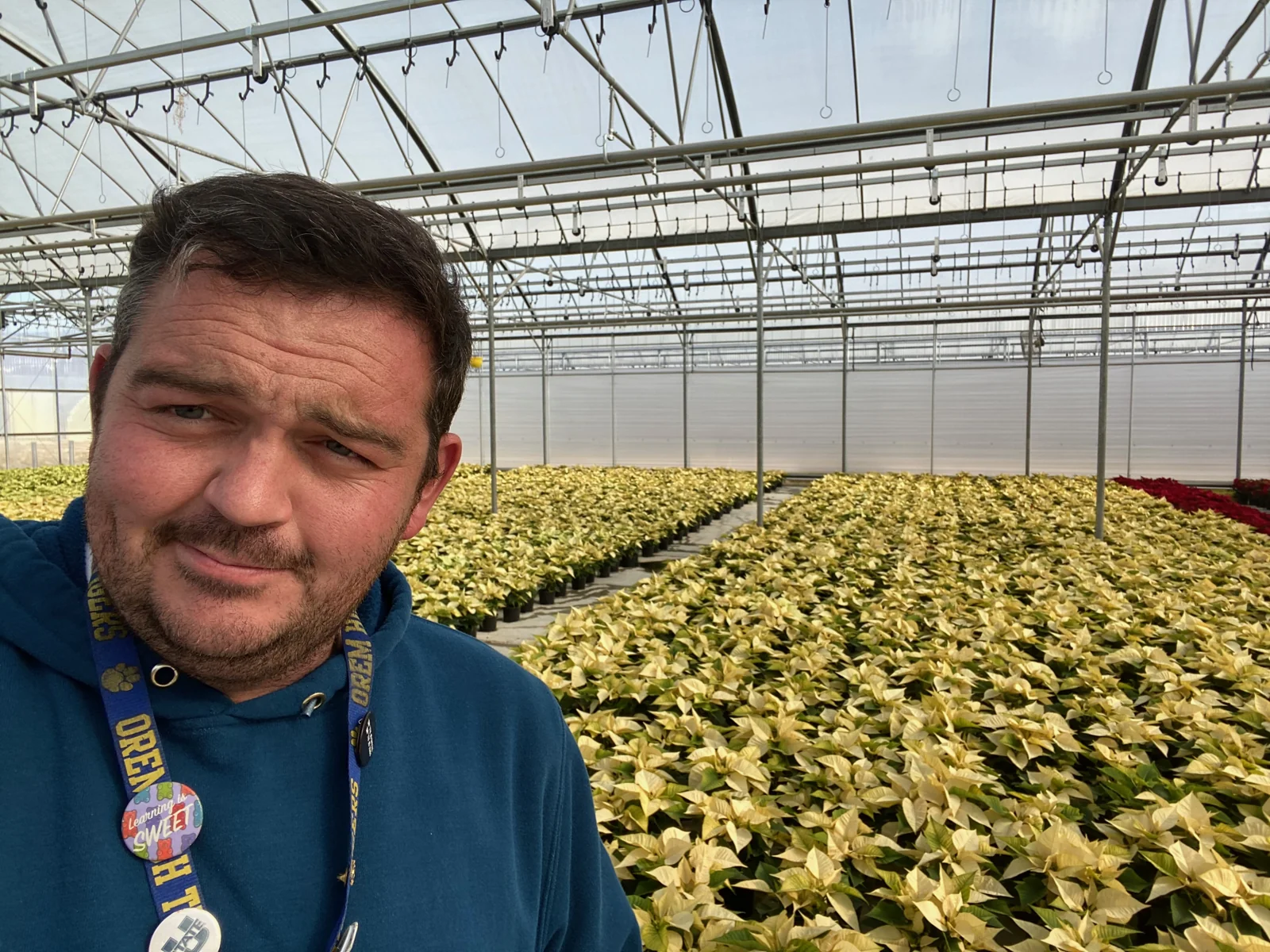 Georg Wardell in a blue sweater in front of greenhouse poinsettia benches