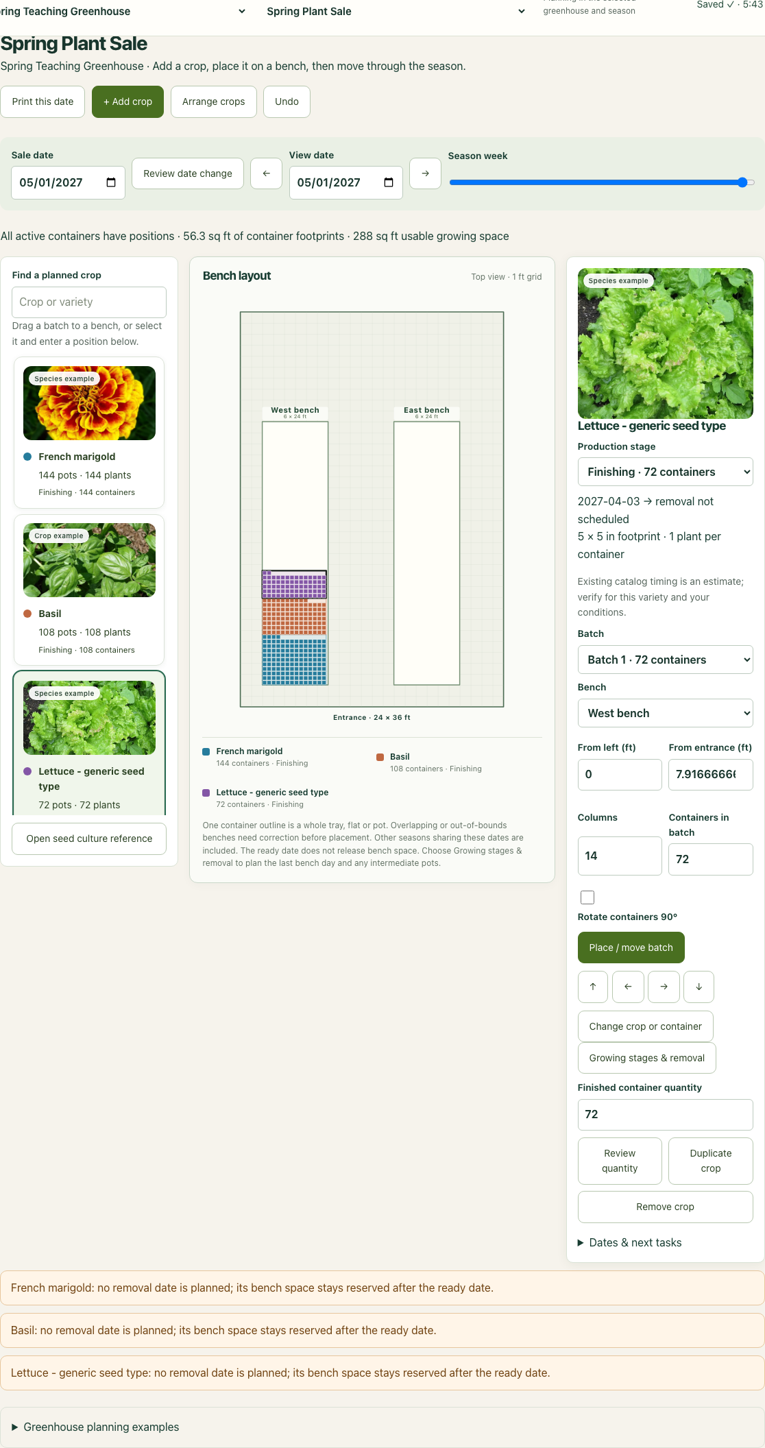 Actual rc18 Visual Planner with French marigold, basil and lettuce batches on two measured benches